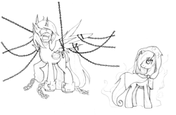 Size: 1000x655 | Tagged: safe, artist:derpiihooves, oc, oc only, alicorn, earth pony, pony, 2012, alicorn oc, blindfold, chains, cloak, clothes, female, horn, male, mare, monochrome, old art, open mouth, shackles, simple background, stallion, white background, wings