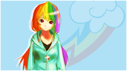 Size: 1920x1080 | Tagged: safe, artist:derpiihooves, rainbow dash, human, g4, 2012, bust, clothes, cutie mark background, female, humanized, jacket, looking at you, old art, red eyes, solo, wallpaper