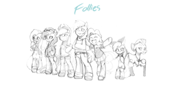 Size: 4000x2000 | Tagged: safe, artist:derpiihooves, apple bloom, applejack, big macintosh, fluttershy, granny smith, pinkie pie, rainbow dash, earth pony, semi-anthro, g4, 2012, arm hooves, bipedal, clothes, fanfic art, female, high res, male, monochrome, old art
