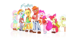 Size: 3800x1952 | Tagged: safe, artist:derpiihooves, apple bloom, applejack, big macintosh, fluttershy, granny smith, pinkie pie, rainbow dash, earth pony, semi-anthro, g4, 2012, arm hooves, bipedal, clothes, fanfic art, female, high res, male, mare, old art, reflection, shoes, simple background, stallion, white background
