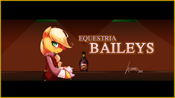 Size: 1920x1080 | Tagged: safe, alternate version, artist:derpiihooves, applejack, earth pony, pony, g4, 2012, alcohol, baileys, bipedal, blushing, clothes, female, glass, hoof hold, looking back, mare, old art, shirt, vest, wallpaper