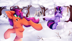 Size: 5000x2831 | Tagged: safe, artist:shinoshai, discord, twilight sparkle, oc, earth pony, pony, unicorn, g4, circling stars, dizzy, ear fluff, floppy ears, grin, hooves together, not scootaloo, not sunny starscout, smiling, snow, snowball, snowball fight, tree, trio, unicorn twilight, winter