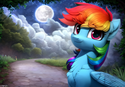 Size: 1664x1152 | Tagged: safe, ai assisted, ai content, artist:darbarri, derpibooru exclusive, generator:purplesmart.ai, generator:stable diffusion, rainbow dash, pegasus, pony, g4, bust, chest fluff, cute, detailed, detailed background, female, fluffy, folded wings, mare, mare in the moon, moon, night, portrait, scenery, smiling, solo, wallpaper, wings