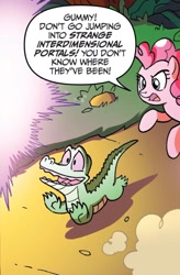 Size: 750x1141 | Tagged: safe, artist:tony fleecs, idw, gummy, pinkie pie, alligator, earth pony, pony, g4, spoiler:comic, dialogue, duo, female, hypocritical humor, male, mare, smiling, speech bubble, when he smiles