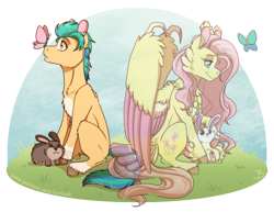 Size: 1800x1393 | Tagged: safe, artist:inuhoshi-to-darkpen, angel bunny, fluttershy, hitch trailblazer, butterfly, earth pony, pegasus, pony, rabbit, g4, g5, animal, blaze (coat marking), butterfly on nose, cheek fluff, chest fluff, claws, coat markings, colored pinnae, colored wings, colored wingtips, critter magnet, duo, ear fluff, ear tufts, facial markings, feathered fetlocks, female, grass, hitch and his 2nd heroine, insect on nose, male, mare, pale belly, pet, simple background, sitting, smiling, socks (coat markings), spread wings, stallion, tail, tail feathers, talon, transparent, two toned wings, unshorn fetlocks, wing claws, wings