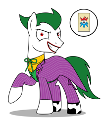 Size: 2160x2650 | Tagged: safe, artist:metal-jacket444, earth pony, pony, batman, bowtie, card, cutie mark, dc comics, green hair, high res, lipstick, male, pinstripes, ponified, ribbon bow tie, simple background, solo, the joker, white background