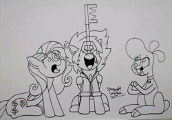 Size: 1993x1387 | Tagged: safe, artist:spoopygirl, fluttershy, pom (tfh), lamb, pegasus, pony, sheep, them's fightin' herds, g4, community related, keyblade, kingdom hearts, lineart, sora, traditional art, weapon
