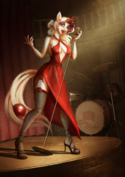 Size: 905x1280 | Tagged: safe, artist:razlads-slave, oc, oc only, oc:razlad, anthro, absolute cleavage, breasts, cleavage, clothes, drum kit, drums, female, helix horn, high heels, horn, looking at you, microphone, musical instrument, red dress, shoes, singing, solo, stage, stockings, thigh highs, vintage