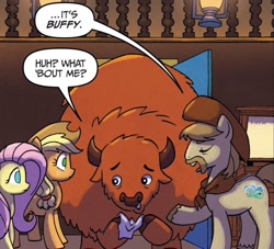 Size: 783x712 | Tagged: safe, artist:tony fleecs, idw, applejack, buffy the buffalo, fluttershy, rugged hills, bison, buffalo, earth pony, pegasus, pony, from the shadows, g4, spoiler:comic, dialogue, female, group, male, mare, quartet, speech bubble, stallion