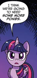 Size: 610x1264 | Tagged: safe, artist:tony fleecs, idw, twilight sparkle, alicorn, pony, g4, spoiler:comic, dialogue, female, looking at you, mare, reaction image, solo, speech bubble, twilight sparkle (alicorn)