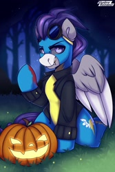 Size: 1500x2250 | Tagged: safe, artist:shadowreindeer, oc, oc only, oc:dread, pegasus, pony, blood, commission, halloween, holiday, jack-o-lantern, pumpkin, solo, ych result