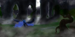 Size: 800x400 | Tagged: safe, artist:ginnythequeen, princess luna, alicorn, pony, g4, alone, castle, cloud, eerie, ethereal mane, female, fog, midnight, moon, moonlight, night, ruins, scenery, solo, spread wings, tree, wings