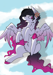Size: 2480x3508 | Tagged: safe, artist:hrabiadeblacksky, oc, oc only, oc:lili, fly, insect, pegasus, pony, commission, female, flower, flower in hair, flying, gradient mane, high res, male, mare, pink, pink eyes, sky, solo, spread wings, white fur, wings