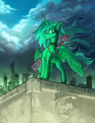 Size: 2782x3600 | Tagged: safe, artist:halley-valentine, oc, oc only, alicorn, pony, fallout equestria, city, cityscape, cloud, female, high res, laser rifle, solo