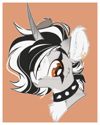 Size: 900x1133 | Tagged: safe, artist:krypticquartz, pony, unicorn, brown background, bust, chest fluff, choker, ear fluff, portrait, simple background, solo, spiked choker