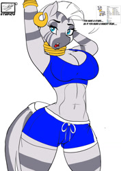 Size: 905x1280 | Tagged: safe, artist:skyart301, artist:skyart443, zecora, zebra, anthro, g4, breasts, cleavage, clothes, dialogue, female, gym shorts, hips, jewelry, looking at you, midriff, shorts, simple background, solo, sports bra, sports shorts, thighs, thunder thighs, white background, wide hips, wip, workout outfit