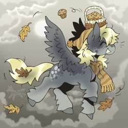 Size: 2048x2048 | Tagged: safe, artist:br0wnieb0x, derpy hooves, pegasus, pony, g4, clothes, cloud, female, flying, food, high res, leaves, mare, muffin, scarf, solo, striped scarf, sun