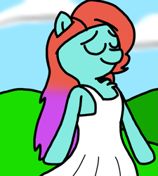 Size: 1275x1414 | Tagged: safe, artist:professorventurer, jazz hooves, earth pony, pony, semi-anthro, g5, arm hooves, clothes, cute, dress, hill, jazzibetes, long hair, loose hair, summer, summer dress, sundress, white dress, windswept mane