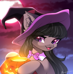 Size: 2146x2165 | Tagged: safe, alternate character, alternate version, artist:airiniblock, octavia melody, earth pony, pony, g4, cute, cute little fangs, ear fluff, fangs, female, halloween, hat, high res, holiday, jack-o-lantern, mare, moon, pumpkin, solo, witch hat
