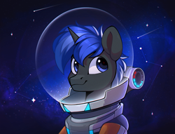 Size: 1192x911 | Tagged: safe, artist:rexyseven, oc, oc only, oc:pixel shield, pony, unicorn, bust, constellation, helmet, horn, male, portrait, solo, spacesuit, stallion, stars