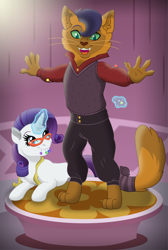 Size: 4130x6159 | Tagged: safe, artist:faitheverlasting, capper dapperpaws, rarity, abyssinian, pony, unicorn, g4, clothes, commission, duo, duo male and female, female, glasses, male, mare, pants, sewing needle, sweater vest