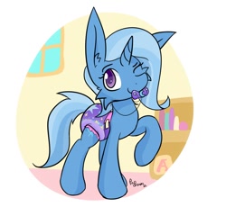 Size: 1470x1354 | Tagged: safe, artist:papdreams, trixie, pony, unicorn, g4, adult foal, diaper, diaper fetish, female, fetish, mare, non-baby in diaper, one eye closed, pacifier, poofy diaper, raised hoof, signature, solo, wink