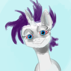 Size: 1000x1000 | Tagged: safe, artist:anonymous, rarity, pony, unicorn, g4, bloodshot eyes, blue background, brendan fraser, drawthread, female, just, lidded eyes, looking at you, mare, meme, ponified meme, simple background, solo