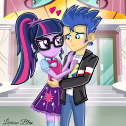 Size: 1000x1000 | Tagged: safe, artist:mlplary6, flash sentry, sci-twi, twilight sparkle, human, equestria girls, g4, blushing, boyfriend and girlfriend, clothes, equestria girls outfit, female, glasses, heart, long socks, looking at each other, looking at someone, male, sci-twi outfits, ship:flashlight, ship:sci-flash, shipping, shoes, skirt, smiling, smiling at each other, socks, straight, thigh highs, thigh socks