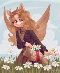 Size: 3374x4096 | Tagged: safe, artist:irinamar, oc, oc only, pegasus, anthro, female, field, flower, outdoors, solo