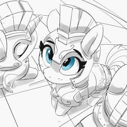 Size: 1500x1500 | Tagged: safe, artist:pabbley, earth pony, pony, unicorn, armor, cute, eyes closed, female, fisheye lens, grayscale, guardsmare, helmet, looking up, mare, monochrome, partial color, royal guard, trio
