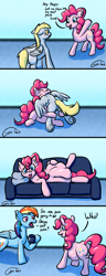 Size: 765x2000 | Tagged: safe, artist:gyrotech, derpy hooves, pinkie pie, rainbow dash, earth pony, pegasus, pony, g4, abdominal bulge, butt, comic, couch, derpyprey, digestion, female, food baby, hoof hold, implied death, mare, oral vore, pinkie pred, plot, stuffed belly, vore, weight gain