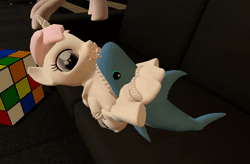 Size: 1256x822 | Tagged: safe, artist:millifoal, princess celestia, oc, shark, g4, 3d, animated, blåhaj, clothes, couch, diaper, female, filly, foal, gmod, hoodie, no sound, non-baby in diaper, pacifier, rubik's cube, shark plushie, webm, younger