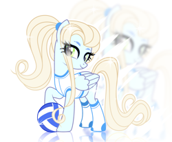 Size: 3389x2801 | Tagged: safe, artist:caryatidd, oc, oc only, oc:soaring strike, pegasus, pony, ball, blonde mane, blonde tail, blue coat, clothes, colored eyebrows, eye clipping through hair, female, folded wings, hair over one eye, high res, long mane, long tail, looking at you, mare, ponytail, raised hoof, simple background, socks, solo, sports, tail, tank top, volleyball, white background, wings, zoom layer
