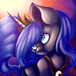 Size: 2400x2400 | Tagged: safe, artist:prettyshinegp, princess luna, alicorn, pony, g4, abstract background, bust, crown, female, high res, jewelry, mare, peytral, regalia, signature, solo, tiara