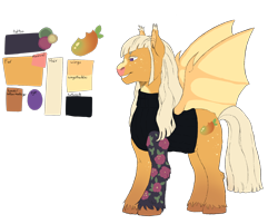 Size: 2222x1789 | Tagged: safe, artist:frostbitt3n, oc, oc only, oc:mango scoops, bat pony, pony, bat pony oc, clothes, fangs, female, freckles, grin, mare, markings, reference sheet, simple background, sleeveless, sleeveless sweater, sleeveless turtleneck, smiling, solo, sweater, tattoo, transparent background, unshorn fetlocks