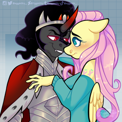 Size: 2048x2048 | Tagged: safe, artist:3ggmilky, fluttershy, king sombra, pegasus, unicorn, anthro, g4, alternative cutie mark placement, female, high res, male, ship:sombrashy, shipping, shoulder cutie mark, straight
