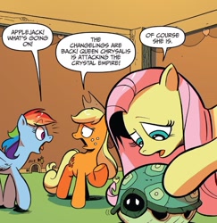 Size: 746x769 | Tagged: safe, artist:andypriceart, idw, applejack, fluttershy, rainbow dash, tank, earth pony, pegasus, pony, tortoise, g4, spoiler:comic, spoiler:comicannual2017, spoiler:guardians of harmony, deadpan snarker, dialogue, emanata, female, freckles, group, hiding, implied queen chrysalis, male, mare, open mouth, quartet, speech bubble