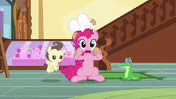 Size: 1280x720 | Tagged: safe, screencap, gummy, pinkie pie, pound cake, earth pony, pegasus, pony, g4, season 5, the one where pinkie pie knows, baby, baby pony, colt, female, foal, looking at you, male, mare, open mouth, reaction image, shocked, trio