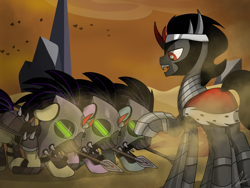 Size: 4000x3000 | Tagged: safe, artist:flaremoon, king sombra, crystal pony, pony, the crystal empire 10th anniversary, g4, armor, bowing, crystal empire, guard, helmet, mind control, sombra soldier, spear, weapon