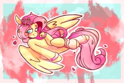 Size: 2048x1377 | Tagged: safe, artist:lrusu, fluttershy, pegasus, pony, g4, bracelet, clothes, cute, flower, flower in hair, jewelry, leg warmers, lidded eyes, looking at you, petals, rose, shyabetes, smiling, smiling at you, solo, spread wings, wings