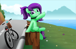 Size: 800x517 | Tagged: safe, artist:jhayarr23, oc, oc only, oc:greenfeather, pegasus, pony, bicycle, boat, mountain, solo, water