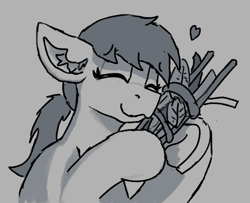 Size: 857x697 | Tagged: safe, artist:reddthebat, oc, oc only, oc:saddie, earth pony, pony, cuddling, female, filly, foal, gray background, grayscale, leaves, monochrome, simple background, solo, sticks