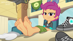 Size: 8000x4500 | Tagged: safe, artist:metalhead97, scootaloo, human, equestria girls, g4, barefoot, cafeteria, chair, clothes, commission, converse, cute, cutealoo, feet, feet on table, fetish, foot fetish, foot focus, lidded eyes, presenting, raised eyebrow, reclining, shoes, shoes off, show accurate, sitting, smiling, smirk, smug, sneakers, socks, soles, solo, toes