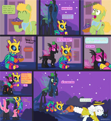 Size: 1724x1874 | Tagged: safe, artist:wheatley r.h., derpibooru exclusive, queen chrysalis, oc, oc:lara, oc:w. rhinestone eyes, oc:winter witness, changeling, earth pony, piñata pony, pony, g4, bag, candy, candy bag, changeling oc, clothes, comic, costume, disguise, disguised changeling, fangs, female, folded wings, food, male, mare, night, night sky, nightmare night, piñata, scared, shapeshifting, sky, spanish, stallion, stars, vector, watermark, wings