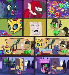 Size: 1724x1874 | Tagged: safe, artist:wheatley r.h., derpibooru exclusive, diamond tiara, filthy rich, queen chrysalis, oc, oc:captain price, oc:lara, oc:w. rhinestone eyes, changeling, earth pony, pegasus, piñata pony, pony, g4, bag, candy, candy bag, changeling oc, chocolate bar, clothes, comic, costume, disguise, disguised changeling, dragoness wheatley, fangs, female, folded wings, food, glasses, hat, hissing, male, mare, night, night sky, nightmare night, pegasus oc, piñata, round glasses, scared, shapeshifting, sky, spread wings, stallion, stars, vector, watermark, wings