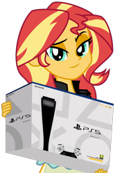 Size: 3039x4572 | Tagged: safe, artist:emeraldblast63, sunset shimmer, human, equestria girls, g4, box, european, looking at you, playstation 5, simple background, smugset shimmer, solo, sony, transparent background