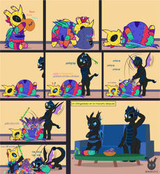 Size: 1724x1874 | Tagged: safe, artist:wheatley r.h., derpibooru exclusive, oc, oc:w. rhinestone eyes, changeling, honeypot changeling, piñata pony, angry, bag, belly, big belly, bowl, burst, candy, candy bag, changeling oc, clothes, comic, costume, couch, dragoness wheatley, eating, fangs, folded wings, food, heterochromia, male, newspaper, piñata, popping, scared, spanish, spread wings, stallion, stick, stuffed belly, table, tongue out, upset, vector, watermark, wings
