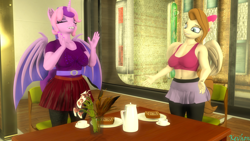 Size: 3840x2160 | Tagged: safe, artist:kevhon, oc, oc only, oc:cinnamon music, oc:vonny, bat pony, pegasus, anthro, 3d, bat pony oc, belly button, bow, breasts, building, clothes, coffee, coffee cup, cup, desk, duo, duo female, eyeshadow, female, flower, hair bow, high res, horn, leggings, lipstick, makeup, midriff, nail polish, shirt, skirt, smiling, source filmmaker, tank top, window, wings