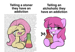 Size: 2388x1668 | Tagged: safe, artist:moozua, derpibooru exclusive, berry punch, berryshine, fluttershy, earth pony, pony, g4, alcohol, bee movie, bee movie script, berrytube, bong, bottle, bust, chad, crying, drugs, duo, female, floppy ears, flutterhigh, grin, high, mare, marijuana, meme, nordic gamer, open mouth, simple background, smiling, soyjak, white background, wojak, yes