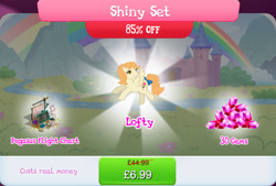 Size: 1268x858 | Tagged: safe, gameloft, idw, lofty, pegasus, pony, g1, g4, my little pony: magic princess, book, bow, bundle, chalkboard, compass, costs real money, diagram, english, female, gem, idw showified, mannequin, mare, numbers, sale, shiny set, solo, spread wings, tail, tail bow, text, wings